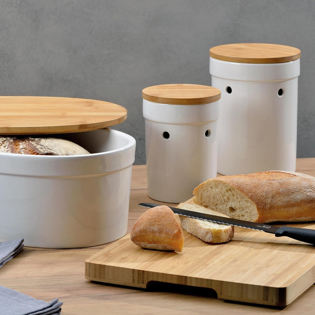 kela Keramik Brotkasten mit Lüftungslöcher 36,5x23,5x14cm, Brotbox Keramik, SALENA, Brottopf weiss,