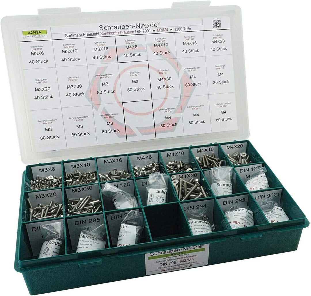 Sortiment M3 + M4 DIN 7991 (ISO 10642) Edelstahl A2 (V2A) Senkschrauben (Innensechskant) - Set beste