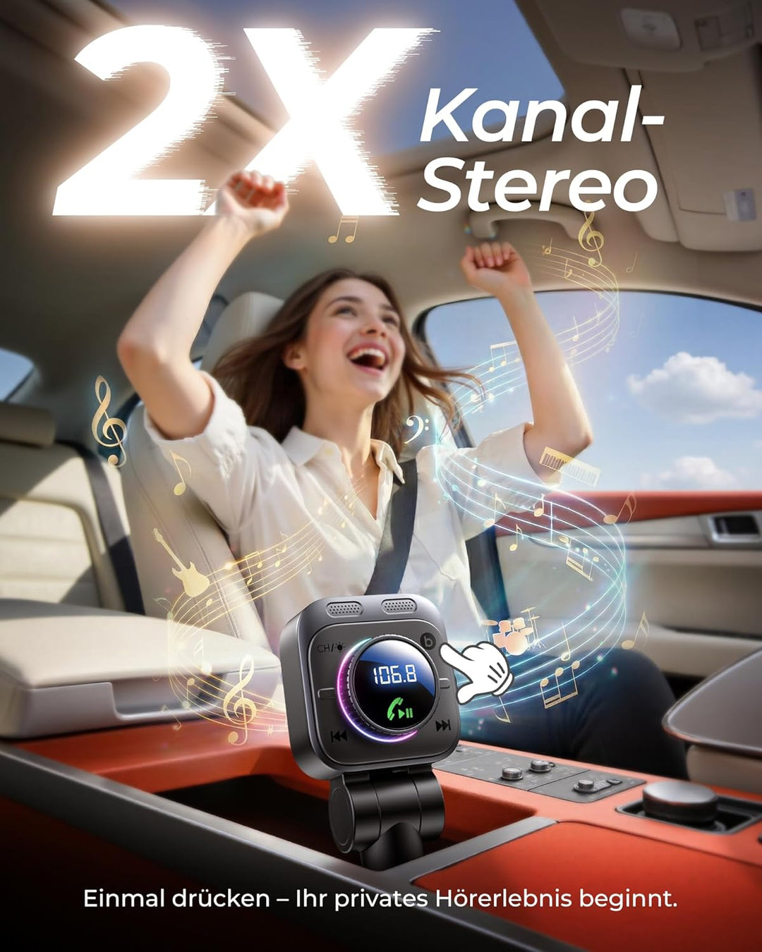 LENCENT 72W FM Transmitter Auto Bluetooth 5.4, Bluetooth Adapter Auto mit ausziehbarem Ladekabel, Zi
