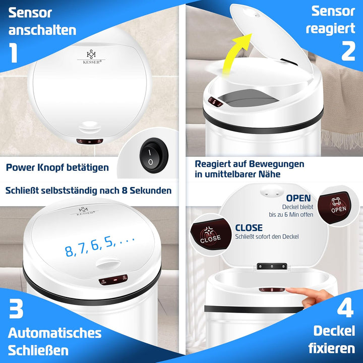 KESSER Sensor Mülleimer ✓ Automatik ✓ Abfalleimer ✓ Abfall | Edelstahl | Farbe: WEIss | Grösse: 56 L