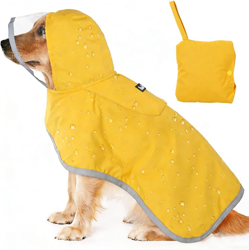 Hunderegenmantel, Wasserdichter Regenmantel für Hunde mit Kapuze &amp; Reflektierende Streifen, Verstell