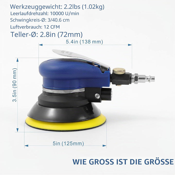5 Zoll Luft-Random-Orbital-Schleifer, ohne Absaugung, 125mm pneumatischer Handschleifer mit 10 grüne