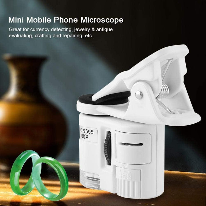 Mini Mikroskop, 9595W 60X Lupe LED UV Licht Mini Handy Clip Mikroskop, 2 Lampe Perle Universal Handy
