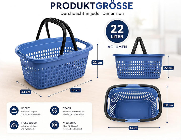 HRB 3er Set Einkaufskorb mit 2 Henkeln klappbar blau, Kunststoff, Belüftungslöcher Blau 3, Blau 3