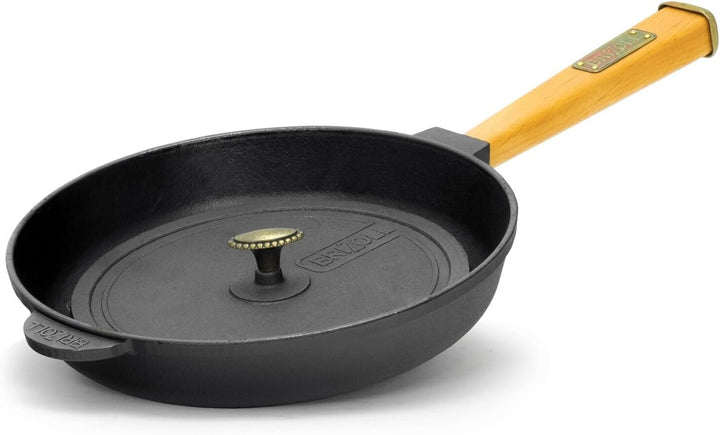 Ø28cm Grillpfanne Gusseisen mit Pressdeckel Glasdeckel Pfannenwender Induktion Holzgriff Bratpfanne