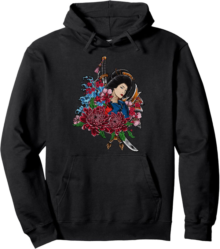 Japanischer Anime weiblicher Samurai mit Blumen Pullover Hoodie