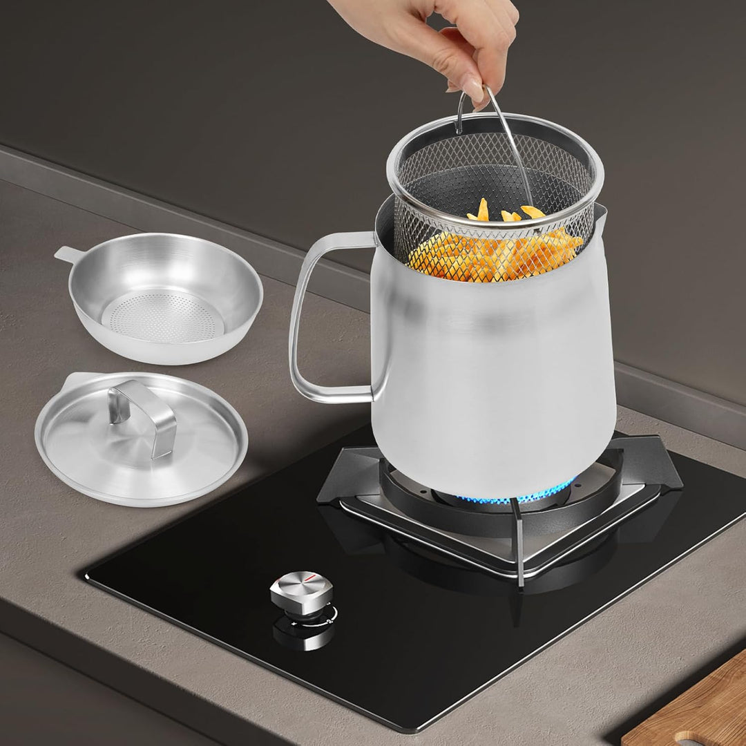 2 L Friteuse mit Siebkorb &amp; Ölsieb - Frittiertopf aus 304 Edelstahl, Kleine Friteuse für Tempura Pom