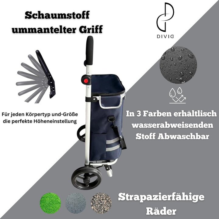 DIVID® Einkaufstrolley mit integrierter Sackkarre, 56LFassungsvermögen bis zu 50Kg belastbar,Klappba