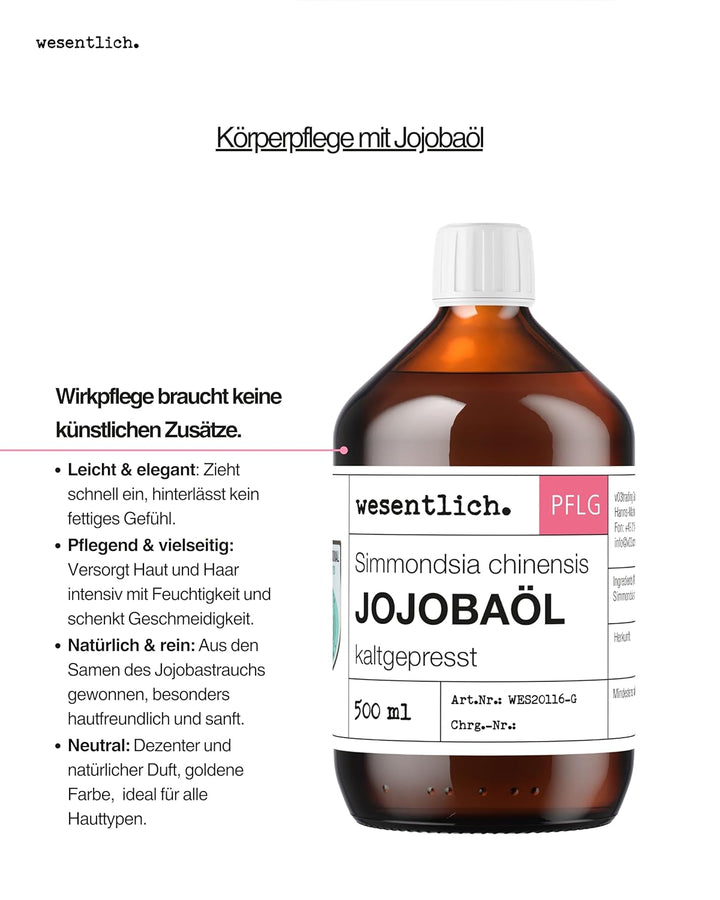 wesentlich. Jojobaöl kaltgepresst 500ml | nativ - 100% reines Jojobaöl | vegan | Haut - Haare - Bart