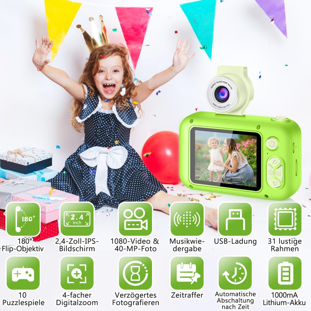 ARNSSIEN Digitalkamera für Kinder Kamera,2,4" IPS Kinderkamera mit 180°Flip | 1080P videokamera &amp; Se