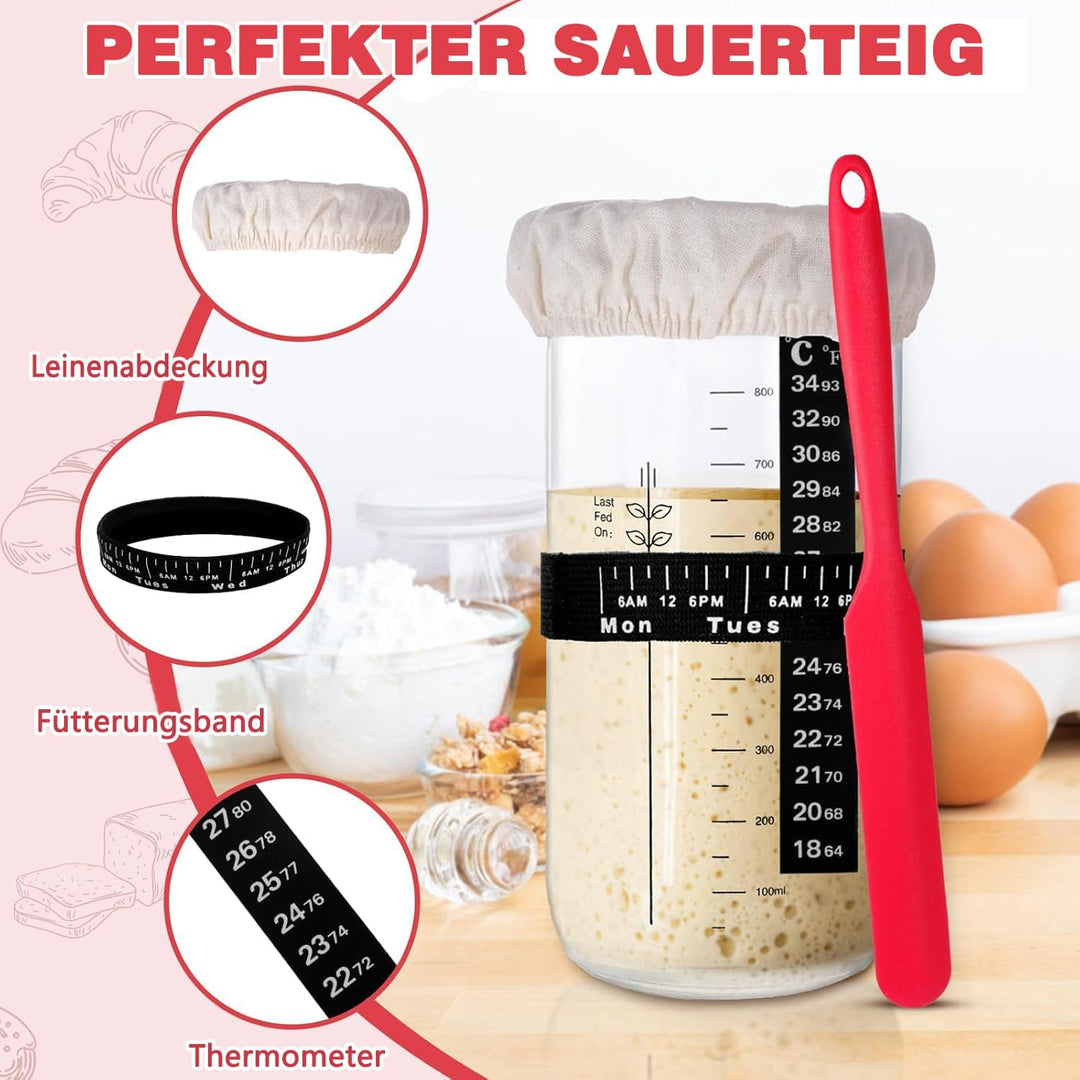 Sauerteig Starter Set, Gärkorb Brot Set mit 2 Gärkörbchen (23cm Runde &amp; 25cm Ovale), Rattan, 1000ml