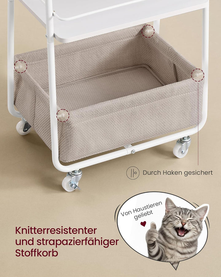 VASAGLE LILEA Kollektion - Rollwagen mit Korb aus Stoff, 3 Ebenen, Servierwagen mit Rollen, Ablagen,