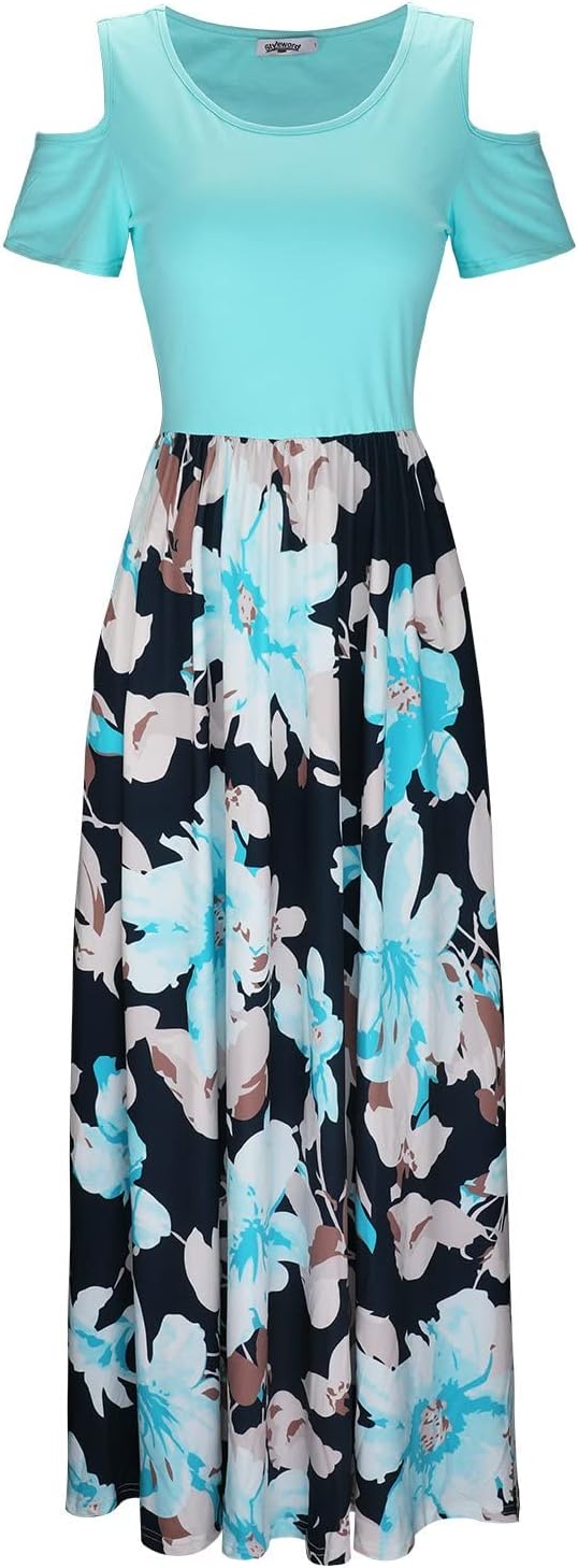 STYLEWORD Sommerkleid Damen Lang Kurzarm Maxikleid Blumen Kleider mit Taschen M Floral06, M Floral06