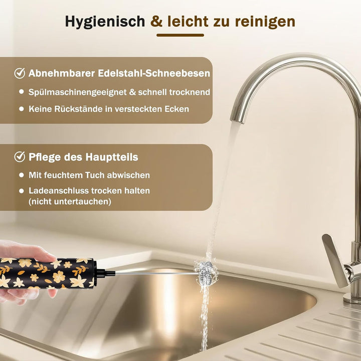 Milchschäumer Elektrisch USB-C mit 5 Wechselbaren Edelstahl-Schneebesen–2 Einstellbare Geschwindigke