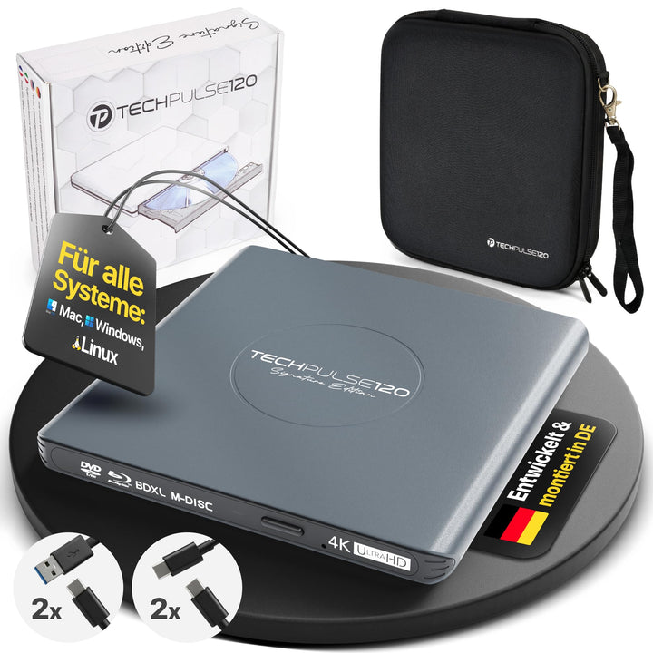 techPulse120 Externes USB 3.1 USB-C UHD 4k 3D M-DISC Blu-ray DVD CD HDR10 128GB Laufwerk Brenner Bur