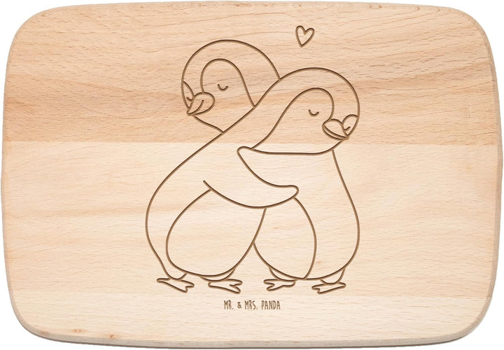 Mr. &amp; Mrs. Panda Holzbrett Pinguine Kuscheln - Geschenk, Valentinstag, Frühstücksbrett, Hochzeitstag