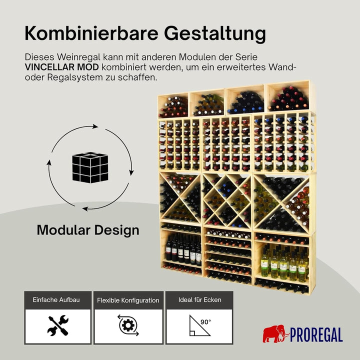 PROREGAL Modulares Weinregal VINCELLAR MOD | HxBxT 30x12x30cm | Schmal Modul für 3 Flaschen | Massiv