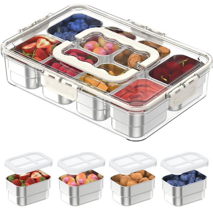 Snackle Box Behälter, Edelstahl-Lebensmittelbehälter mit 8 Fächern, Silikondeckel und Griff, durchsi