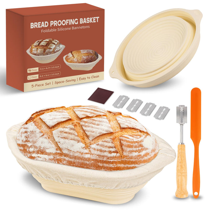 Sauerteig Starter Set – Faltbare Silikon Gärkörbchen (rund & oval) mit Stoffauskleidung, Brotmesser