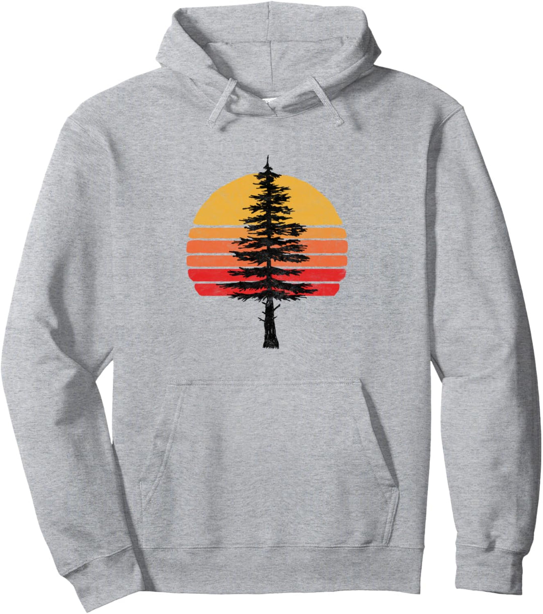 Retro Sun Minimalist White Pine Tree Illustration Graphic Pullover Hoodie