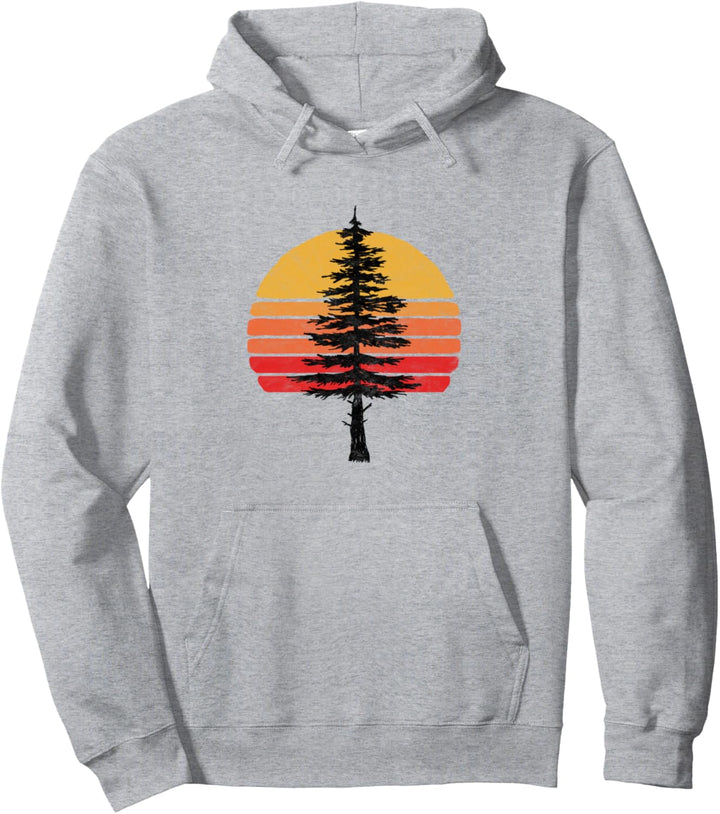 Retro Sun Minimalist White Pine Tree Illustration Graphic Pullover Hoodie