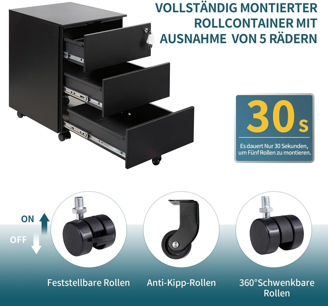LVSTEEL Rollcontainer mit Schubladen, Mobiler Aktenschrank unter Schreibtisch, Abschliessbarer Büros