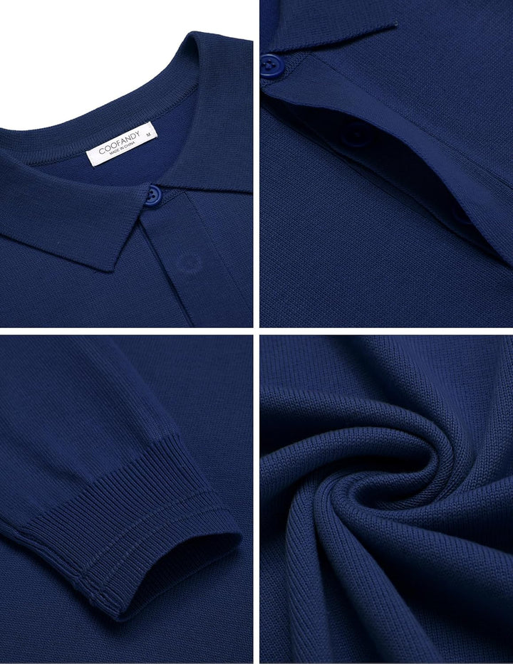 COOFANDY Strickpullover Herren Poloshirt Langarm Polo Pullover Pulli mit Polokragen Versteckte Knopf