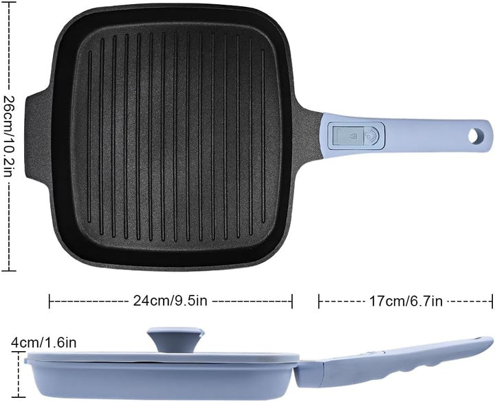 RANX INGST Grillpfanne Induktion mit Deckel 26 x 24 cm, Steakpfanne Eckig mit Abnehmbarer Griff, Gri