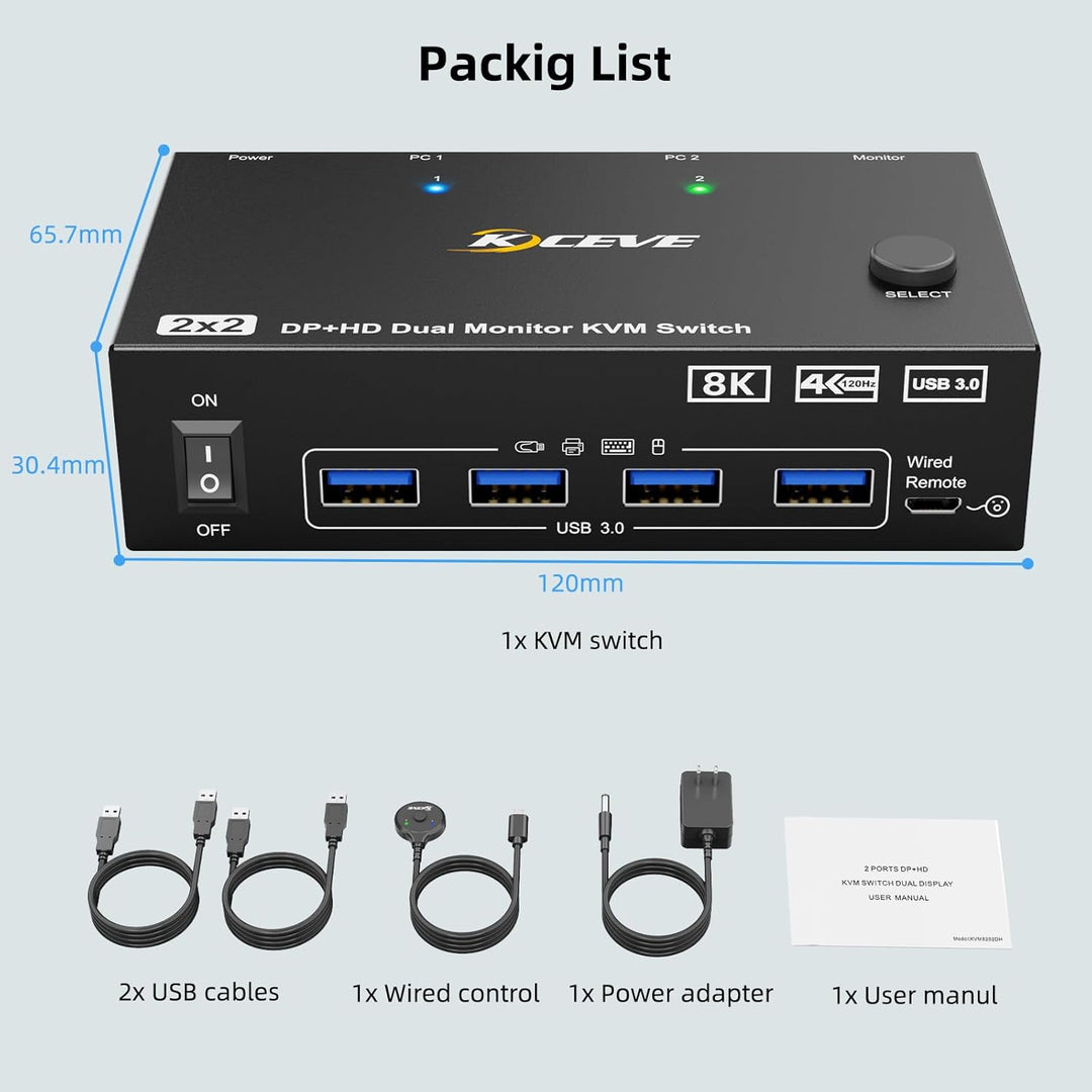 KVM Switch 2 PC 2 Monitore 8K, Displayport + HDMI USB 3.0 KVM Umschalter für zwei Monitore, Unterstü