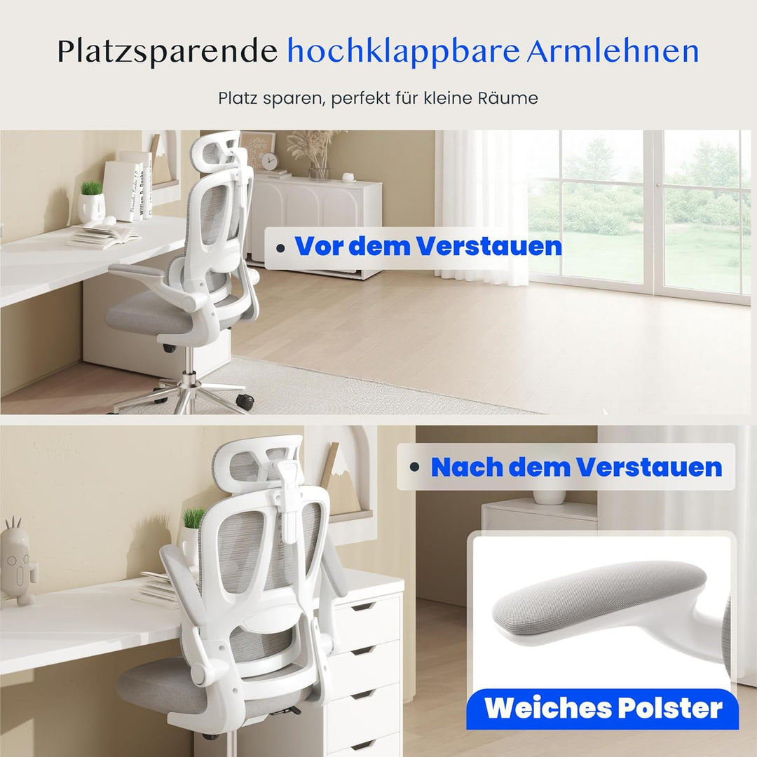 FLEXISPOT Ergonomischer Bürostuhl, Schreibtischstuhl mit 2D-Kopfstütze, Klappbare Armlehnen &amp; Dynami
