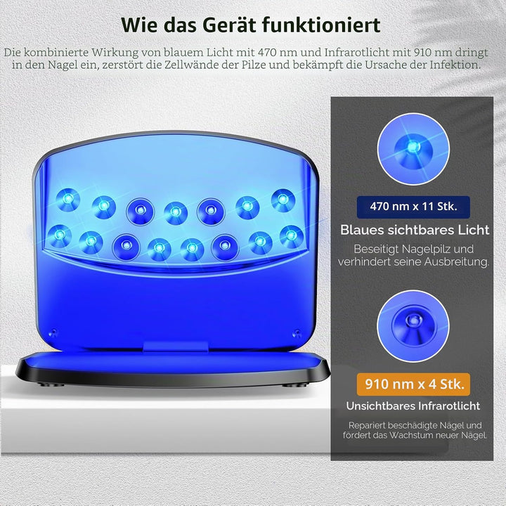 Upgrade Nagelpilz Lasergerät, 15 LED Tragbar & Wiederaufladbar per USB-C, 11 Blaulicht + 4 Infrarot,