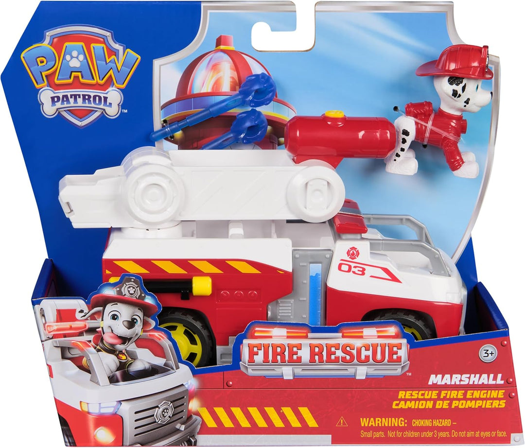 PAW PATROL – Fire Rescue Marshalls Feuerwehr-Fahrzeug mit Löschspritze und Marshall Hundefigur, Spie