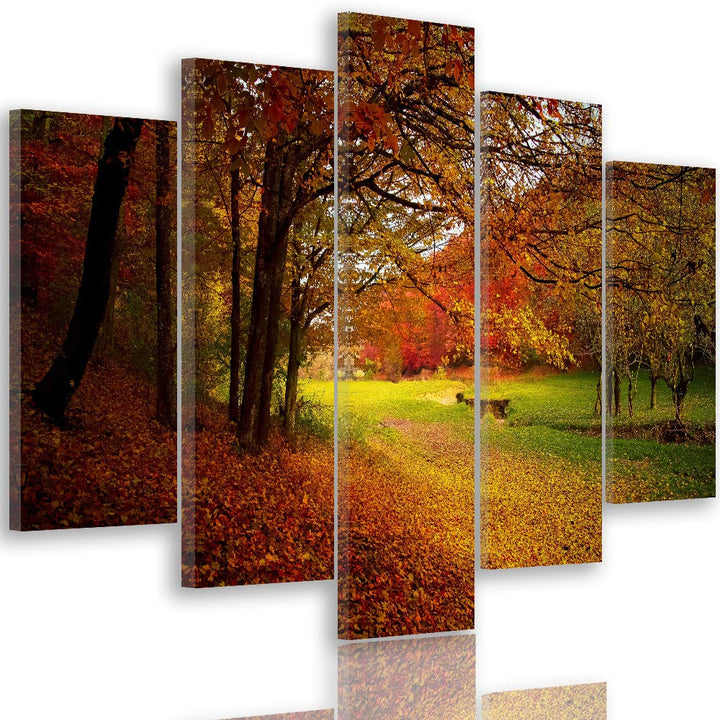 Leinwandbild 5 Teilig Landschaft Bild Wanddeko Herbst Blätter Bäume orange 150x100 cm Leinwandbild 1