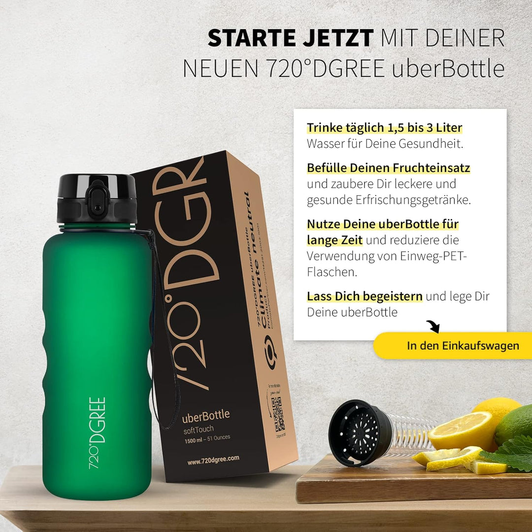 720°DGREE Trinkflasche “uberBottle“ 350ml, 500ml, 650ml, 1l softTouch +Früchtebehälter - Auslaufsich