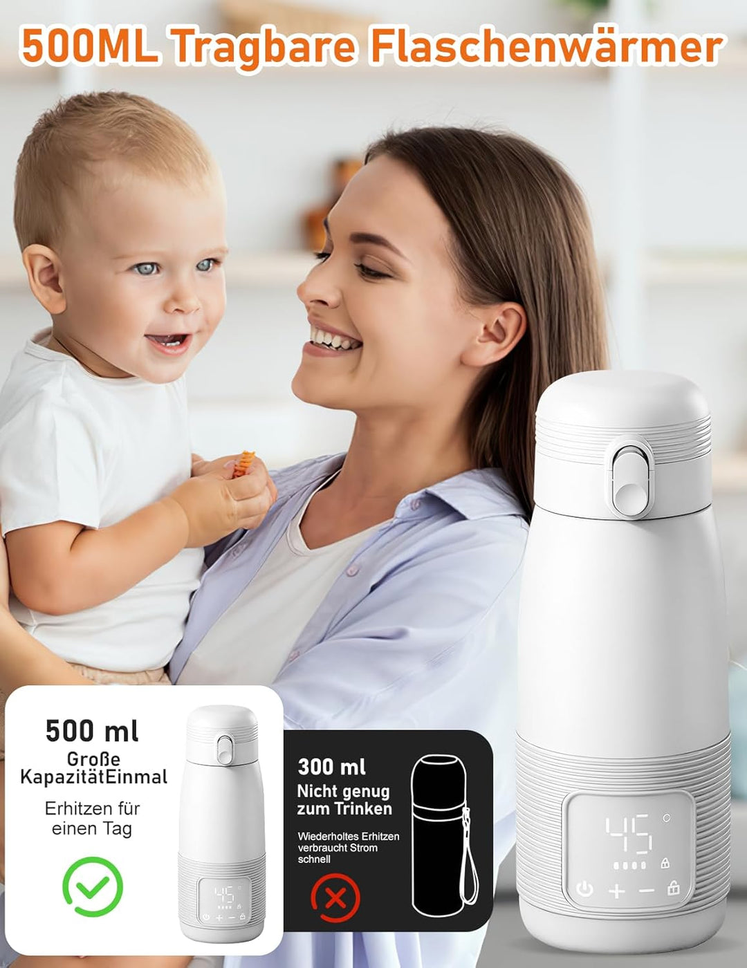 Tragbarer Flaschenwärmer, 500ml Flaschenwärmer Baby Unterwegs Präzise Temperaturkontrolle 37 Bis 55
