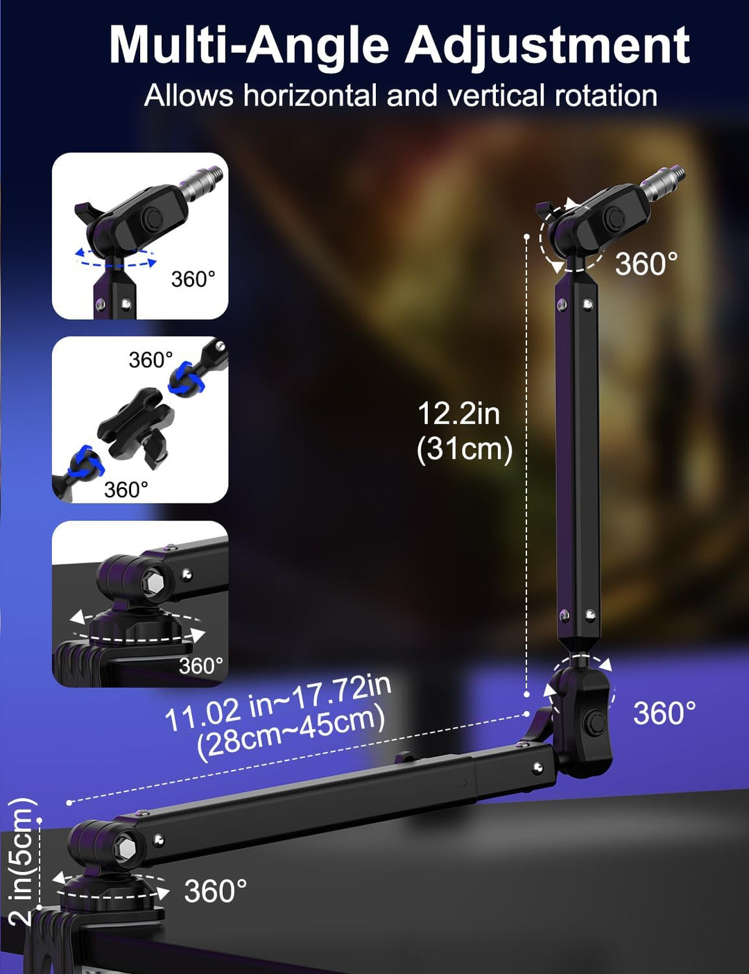 Kairiyard Mikrofonarm Boom Arm,Flach Verstellbarer Stangen Mikrofon Ständer mit Mikrofonclip,360° dr
