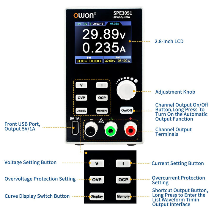 OWON SPE3051 Programmierbares Labornetzteil (0-30 V 0-5 A), 150-W-DC-Netzteil mit 2,8-Zoll-LCD-Displ