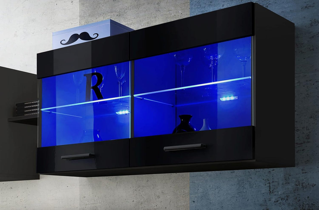 Komodee, Vitrine Schrank Savona, Schwarz/Schwarz, Breite 100cm x Höhe 50cm x Tiefe 30cm, LED RGB, 2