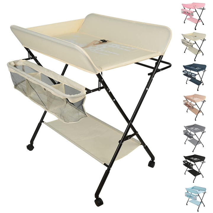 OHMG Baby Wickelkombi Klappbare Wickelkommode,Wickeltisch mit Rollen,Mobiler Wickeltisch mit Wickela