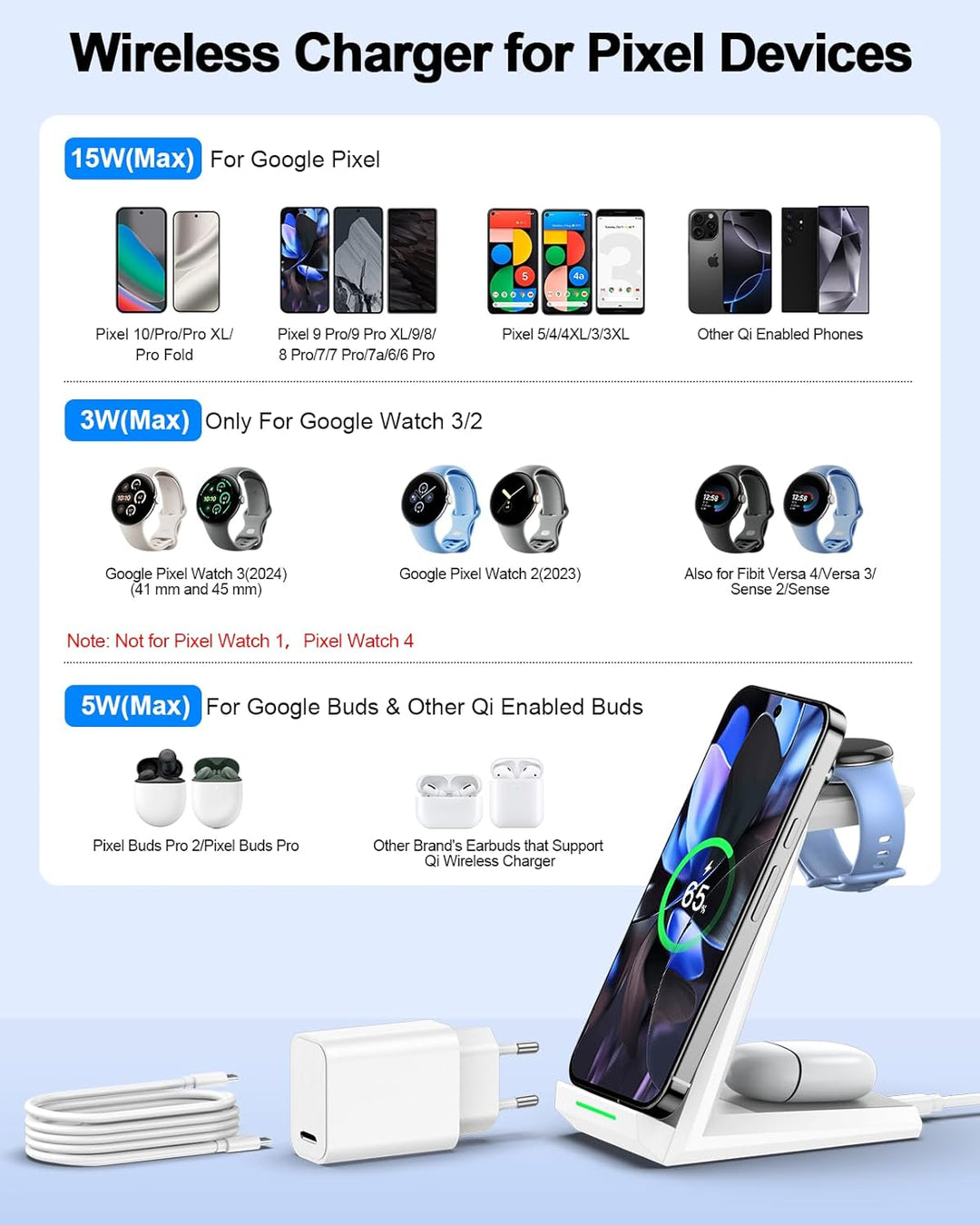 NANAMI induktive Ladestation für Google Pixel Watch 3/2/Fitbit Versa 4/3, 3 in 1 Wireless Charger fü