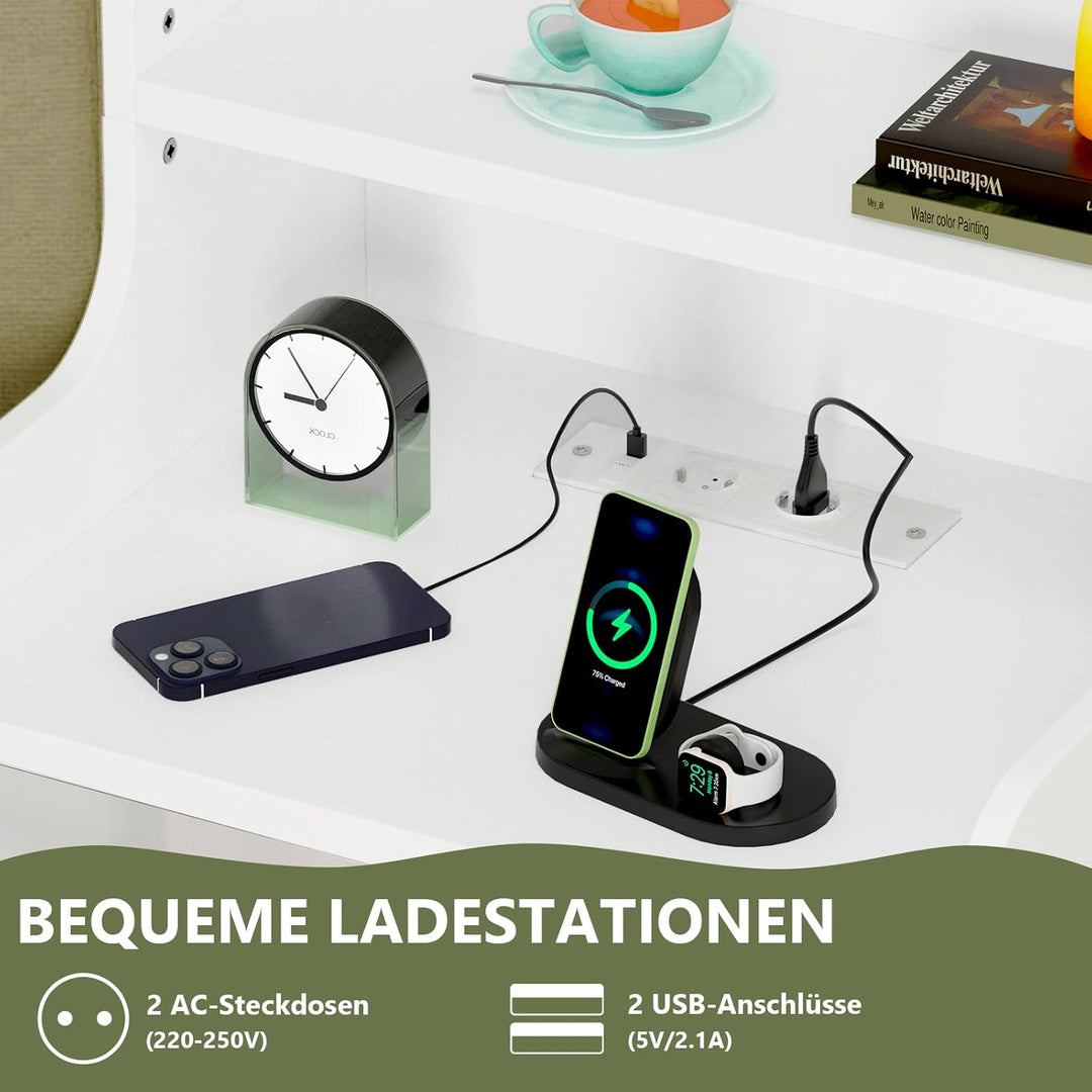 PIPIPOXER Nachttisch Mit Steckdose &amp; USB, Weiss Hochglanz Mit 3 Schubladen, Modern für Wohn- und Sch