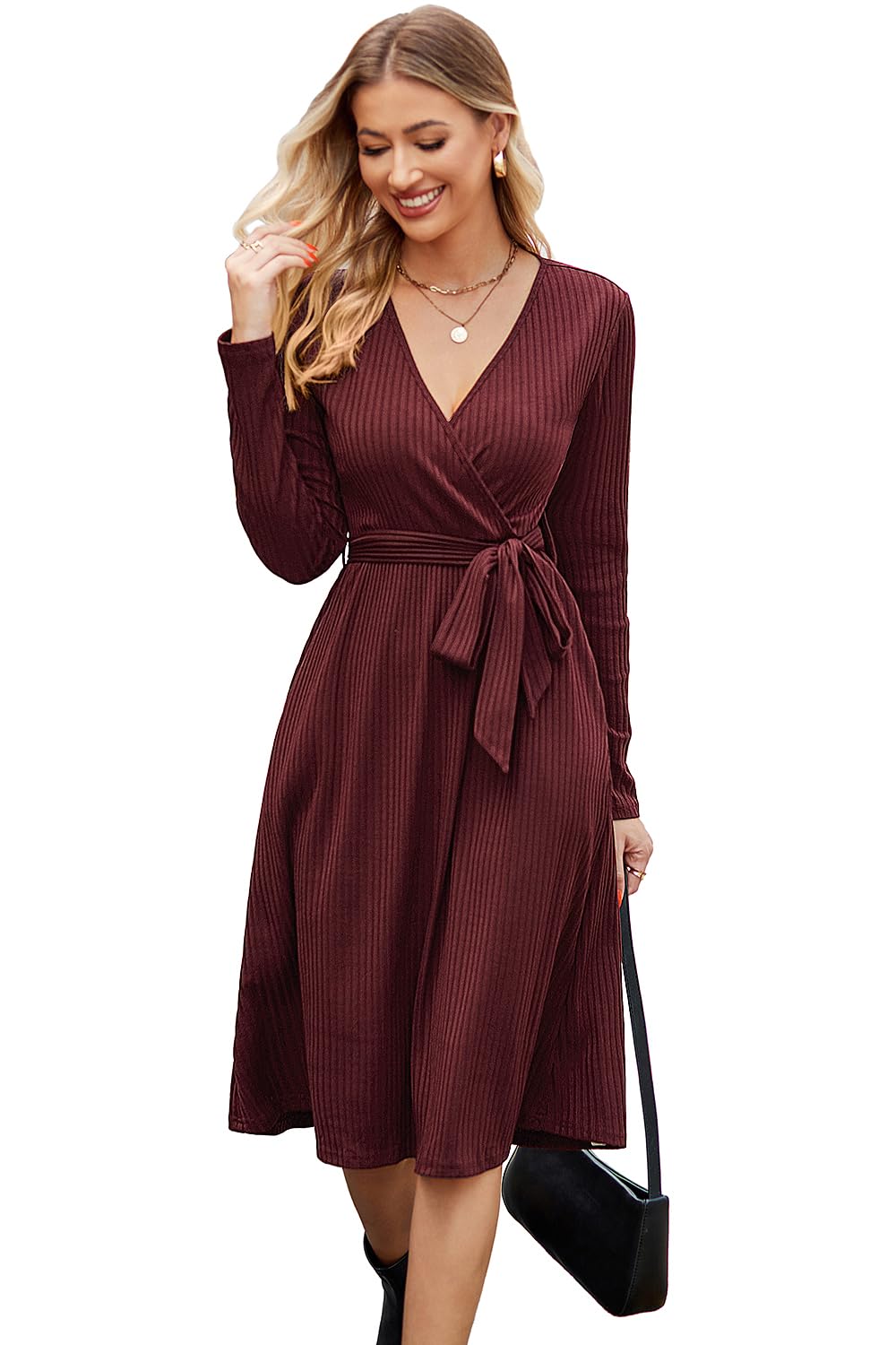 Newshows Strickkleid Damen Herbstkleid V Ausschnitt Pulloverkleid Winterkleid Kleid mit Taschen für
