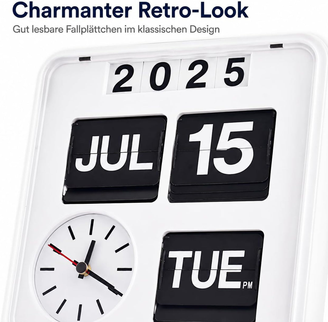 Eurotime 80005-00 Retro Tisch- &amp; Wanduhr mit Voll-Datumsanzeige inkl. Jahr, Quarzuhr im Klappkarten-