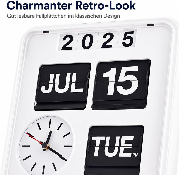 Eurotime 80005-00 Retro Tisch- &amp; Wanduhr mit Voll-Datumsanzeige inkl. Jahr, Quarzuhr im Klappkarten-