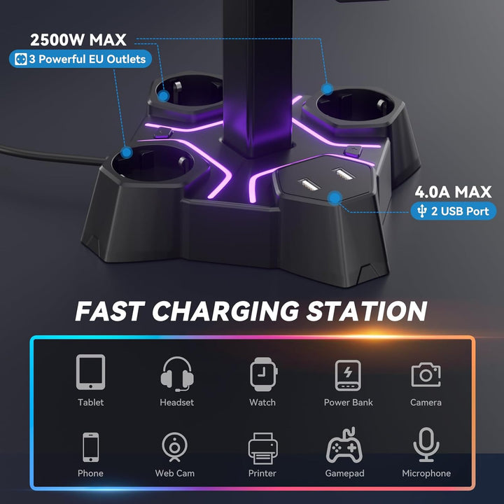 KDD Headset Halterung Led mit USB Ladestation, Controller Halterung & Kopfhörer Ständer Tisch mit 2