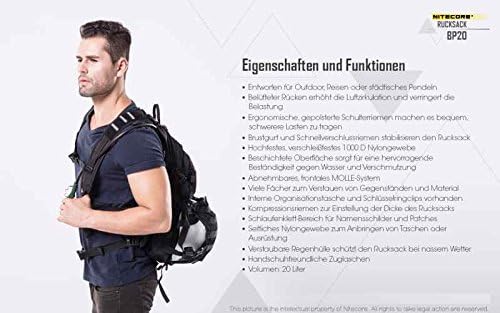 Nitecore Rucksack BP20 - Belüfteter Rücken - Militär-Spezifikationen - MOLLE System - Schwarz - 20L