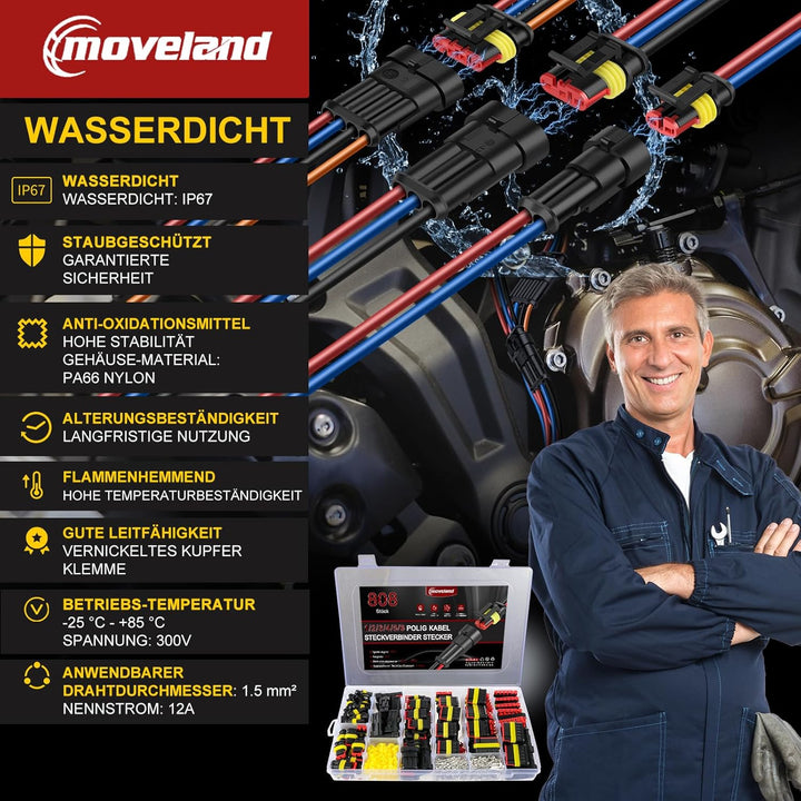 moveland kfz Stecker 808PCS - Schnell kfz Steckverbinder Wasserdicht 1/2/3/4/5/5/6 Polig - Dicht Ste