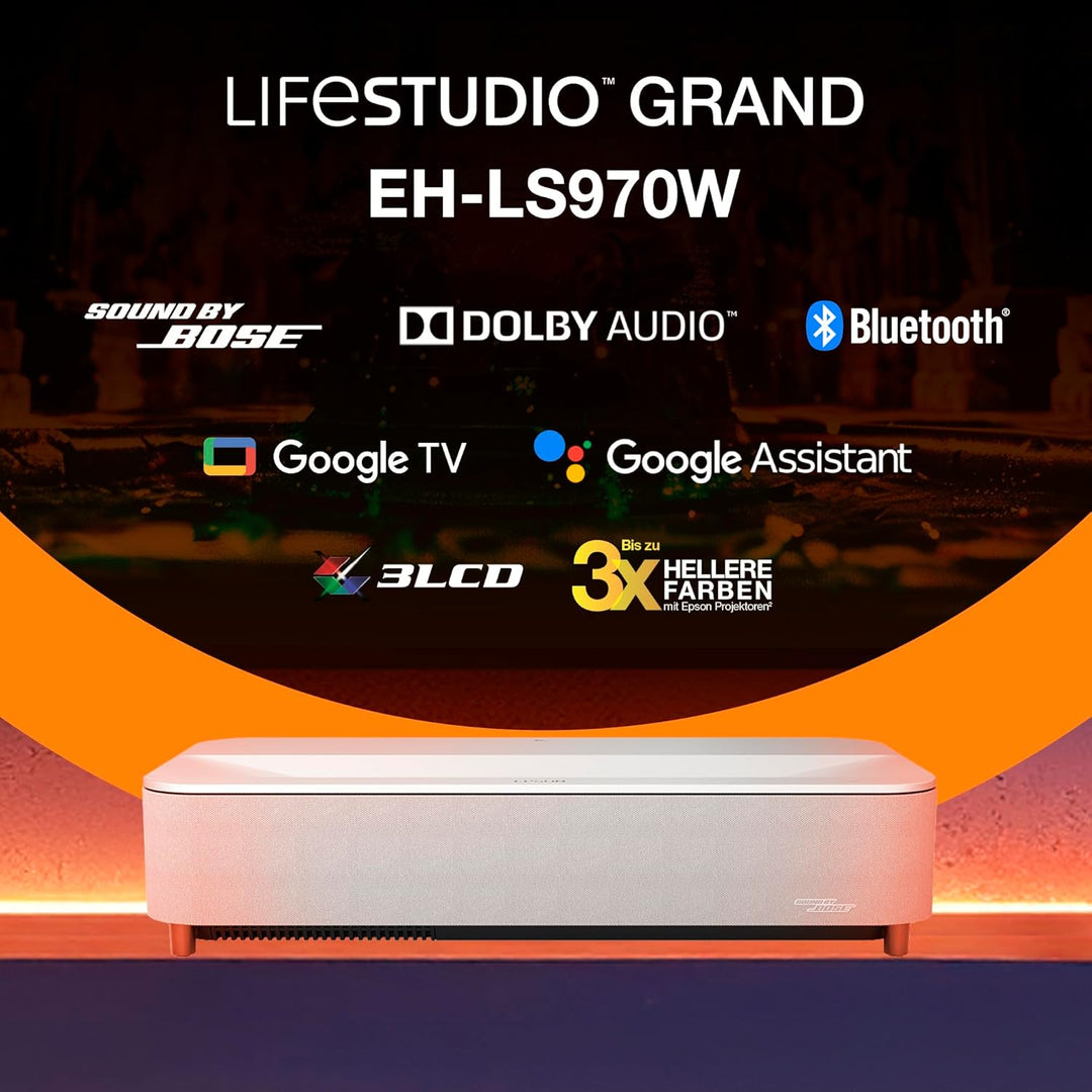 Epson Lifestudio Grand Plus EH‑LS970W | Ultrakurzdistanz Laser Projektor TV | 4K Heimkino | 4.000 Lu