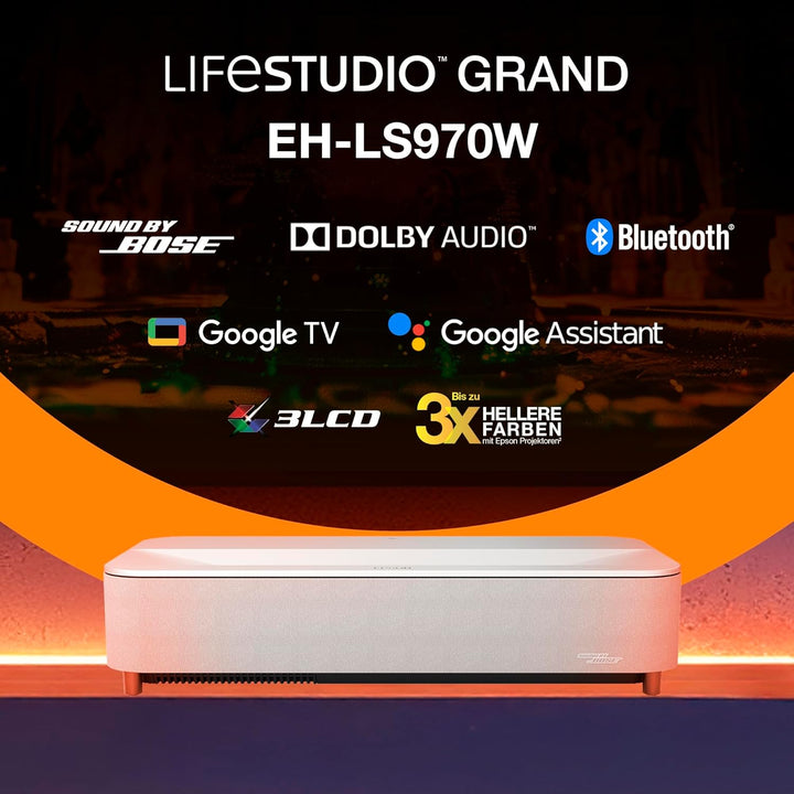 Epson Lifestudio Grand Plus EH‑LS970W | Ultrakurzdistanz Laser Projektor TV | 4K Heimkino | 4.000 Lu