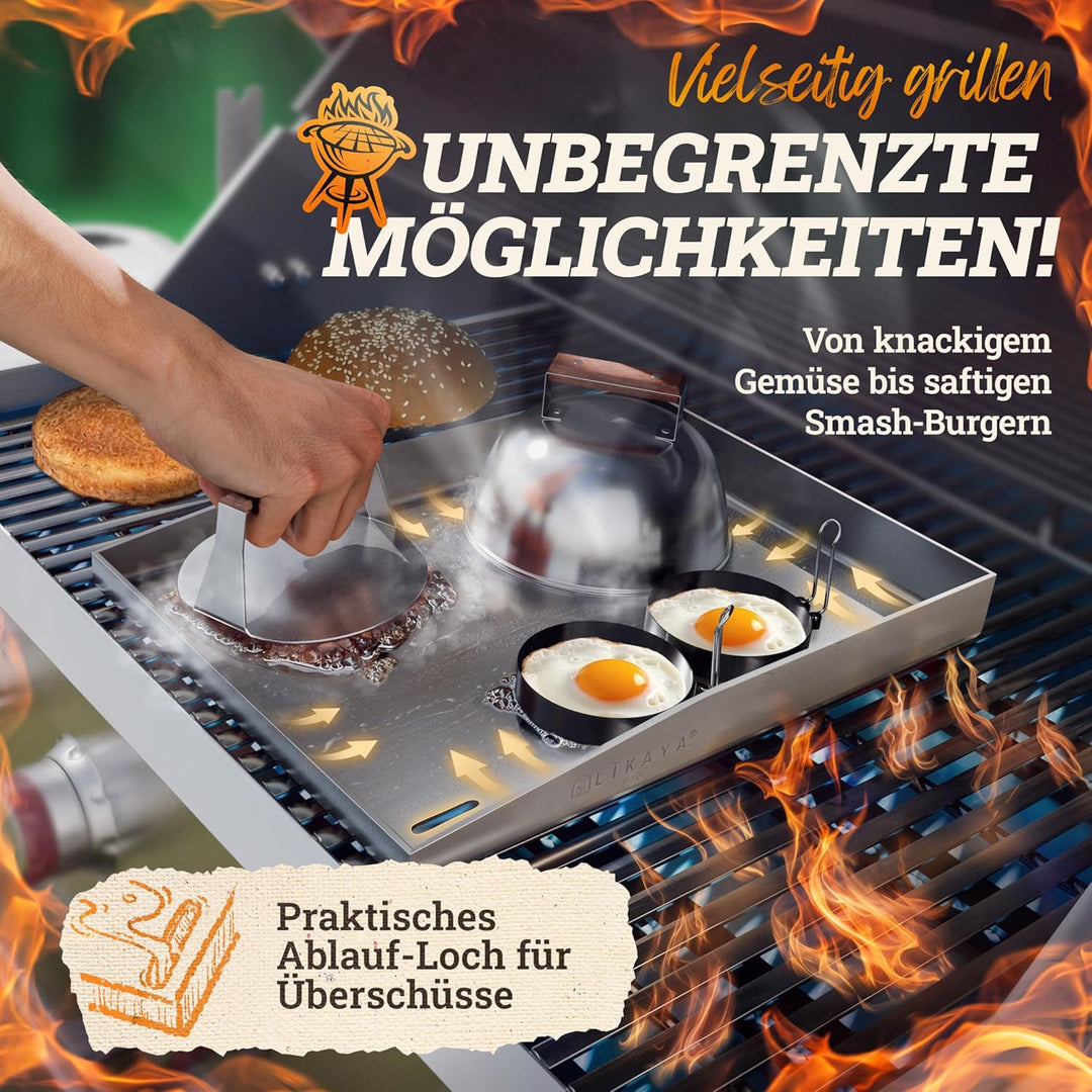 [BUNDLE] Plancha Edelstahl Grillplatte [20x40cm] + Burger Master Set – 4x Grillspachtel, 2x Burgergl